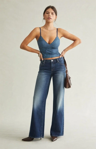 Casey Low Rise Baggy Jeans Rhinestone Dark Blue