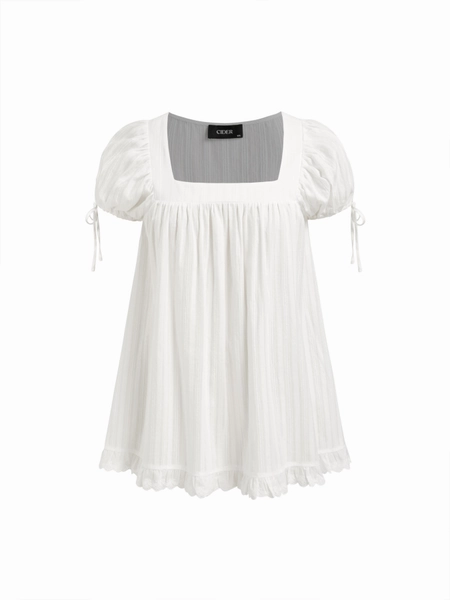 100% Recycled Cotton Square Neck Ruffle Knotted Oversized Blouse Curve & Plus