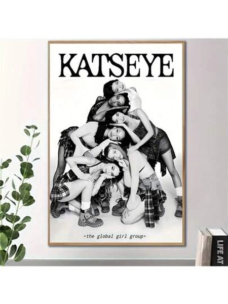 1pc Unframed Katseye Global Girl Group Canvas Poster - Minimalist K- Poster With Bold Katseye Text, Black And White Portrait Art - Modern Wall Decor For Bedroom, Living Room, Office - Perfect Gift For Girl Groups - Canvas Print, Canvas Poster Wall Art Perfect For Room Decor