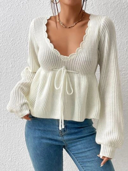Scallop Trim Lace-Up Ruffle Hem Sweater, Long Sleeve Top