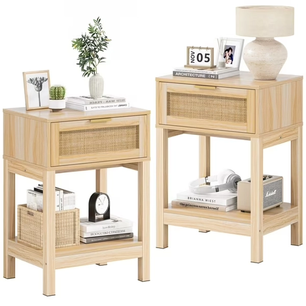 Rattan Nightstand, Side Table with Drawer Open Shelf, Cane Accent Bedside End Table with Solid Wood Legs, Boho Bedside Table End Table Side Table Accent Table for Bedroom, Dorm and Small Spaces