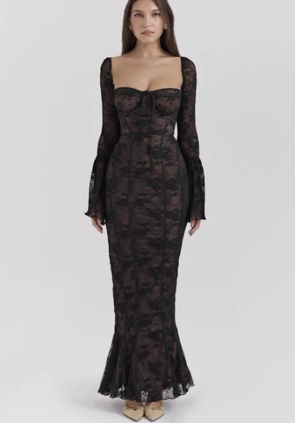 Delilah Black Long Sleeve Lace Maxi Dress