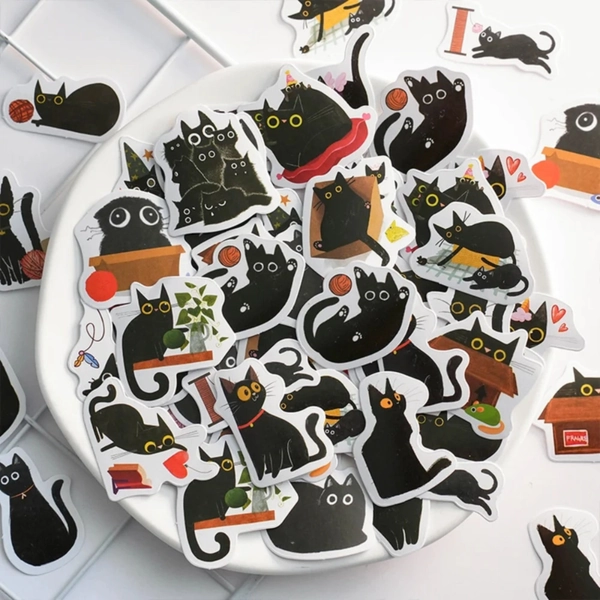 Kawaii Black Cat Stickers Box of 46 - Cute DIY Handbook and Decoration Items, Korean Stationery Supplies, Scrapbooking supplies, Cute Labels
