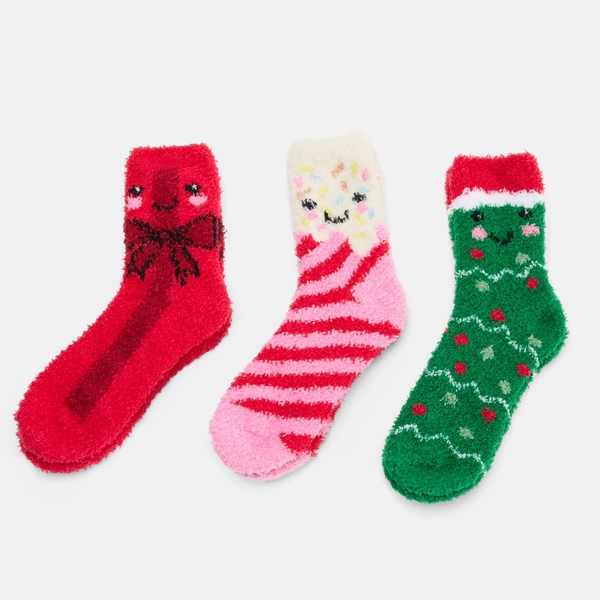 OHS Christmas Sweetie Pies Fluffy Fleece Socks, Multi - 3 Pack