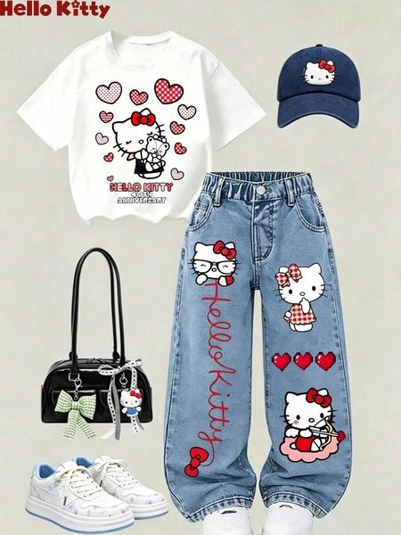 Hello Kitty 40th Anniversary Heart Plaid Kids Girls Fashion 2 Piece Outfit