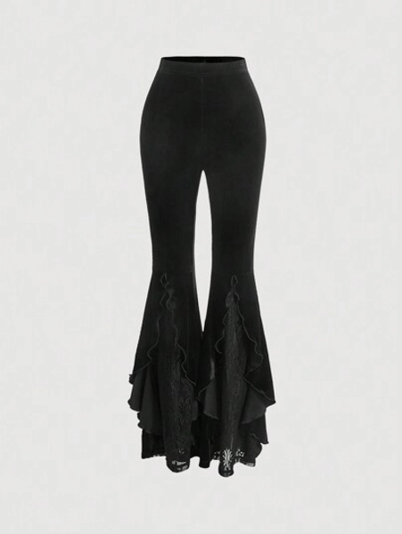SHEIN MOD Pantalones de campana de terciopelo con volantes y encaje romántico en contraste para una cita nocturna