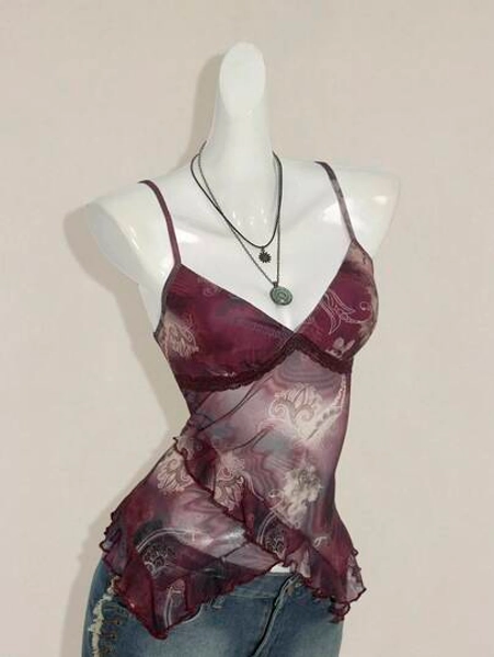 SHEIN ICON Women's Vacation Cashew Floral Print Ruffled Strap Camisole 4th Of July Women Outfits Cute Summer Tops Going Out Tops  Y2k Tankini Vintage Top