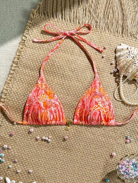 Swim Mod Summer Holiday Random Shell Print Golden Accessory Halter Bikini Top