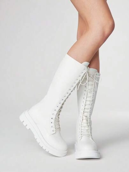 ROMWE Goth Women's Knee-High Boots Fashionable Lace-Up Thick-Soled Chunky Heel Women's Boots