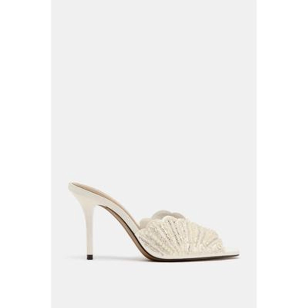 Zara - Backless Pearl Heeled Sandals - White - 6½ - Woman