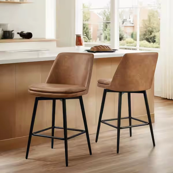 Spruce & Spring Cecily 27 in. Cognac Brown High Back Metal Swivel Counter Stool with Faux Leather Seat (Set of 2) SSY2006-CU6722