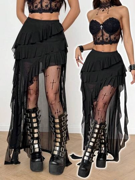 Coolane Women's Summer Black Goth Y2K Concert Long Skirt,Lace Asymmetrical Ruffle Fringe Low Rise Beach Tropical Vacation Streetwear Boho Country Gyaru Skirt - Size L