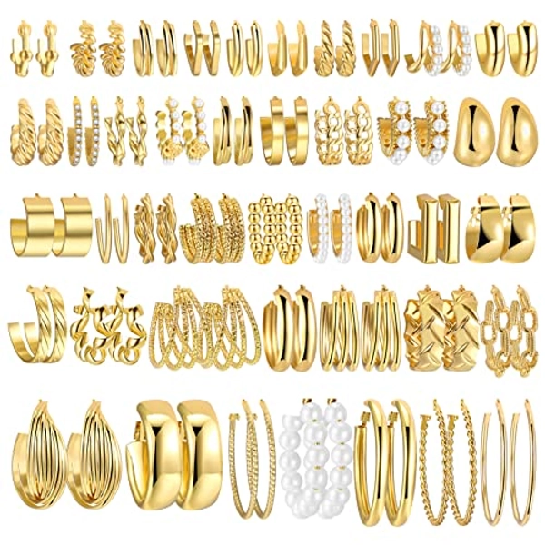 42 Pairs Gold Hoop Earrings Set for Women, Fashion Chunky Pearl Earrings Multipack Twisted Statement Earring Pack, Hypoallergenic Small Big Hoops Earrings for Birthday Party (Gold-42 pairs)