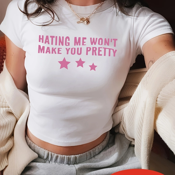 Y2K Style 'HATING ME WON'T MAKE YOU PRETTY' Slogan Crop Top - Stretchy Polyester Short Sleeve Shirt with Pink Letter Print & Star Accents, Round Neck Casual Streetwear for Women, Spring Summer Fall Fashion, Seasonal Fashion, Relaxed Fit Tee, Comfortable Clothing