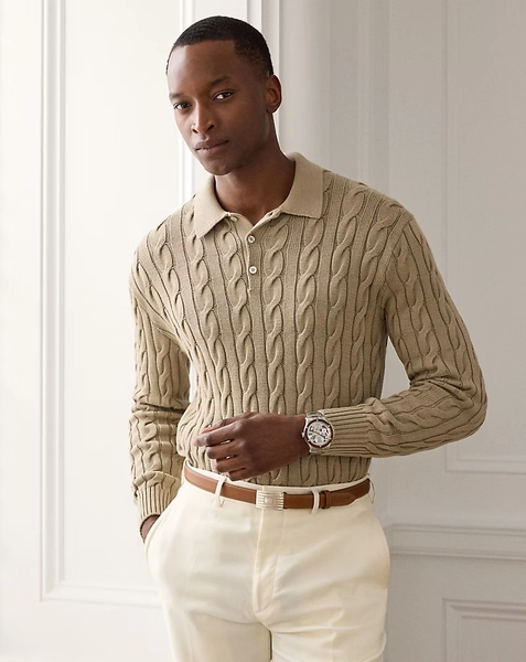 Cable-Knit Cotton-Silk Polo Jumper