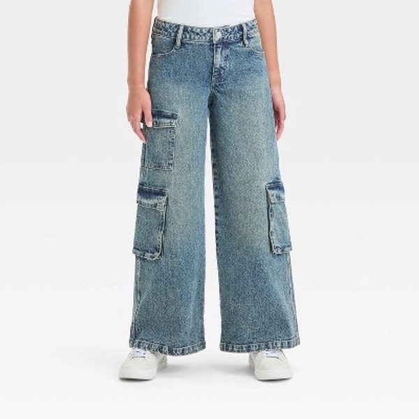 Girls' Mid-Rise Wide Leg Cargo Jeans - art class™ Light Wash 7: Adjustable Waistband, Stretch Denim