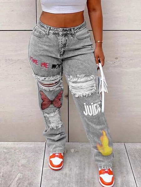 Young American Street Fashion Multi-Print Light Grey Jeans