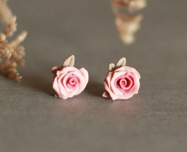 Handcrafted Pink Rose Clay Earrings