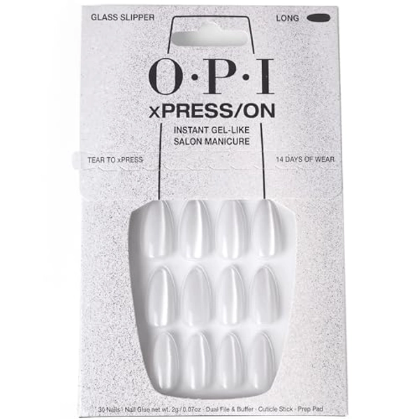 OPI xPRESS/ON Glass Slipper | Velvet White Long Almond Press On Nails | With Nail Glue | Long Lasting, Reusable, Non-damaging
