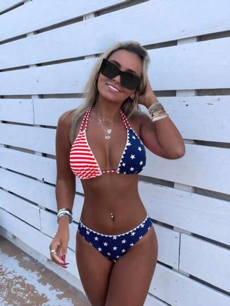Ladies' New Western Style Fashionable Beach Vacation Casual Floweret Print Backless Bikini Two Pieces Swimsuit Set Summer