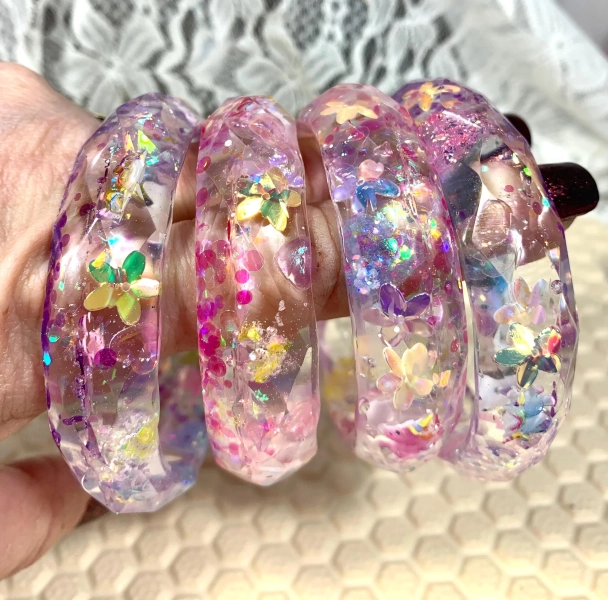 Sparkly Resin Bangle with Unicorns, Hearts, Flowers, Kids Sizes