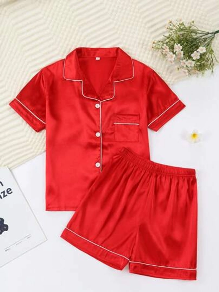 Girls Pajamas, Satin Silky Pjs Set Kids 2Pcs Button-Down Nightwear Sleepwear Gift For Kids