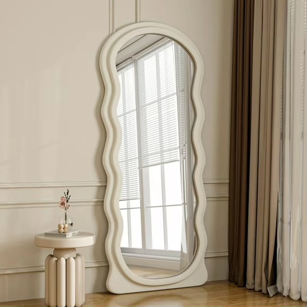 Easy4Home 71"x30" Arched Full Length Mirror with Wavy Flannel Frame Freestanding Decorative Round Edge Floor Mirror, White