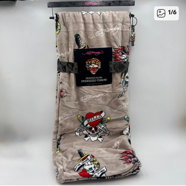 ED HARDY Tattoo Motorcycle Printed Oversized 60 x 70 Plush Throw, Blanket NEW