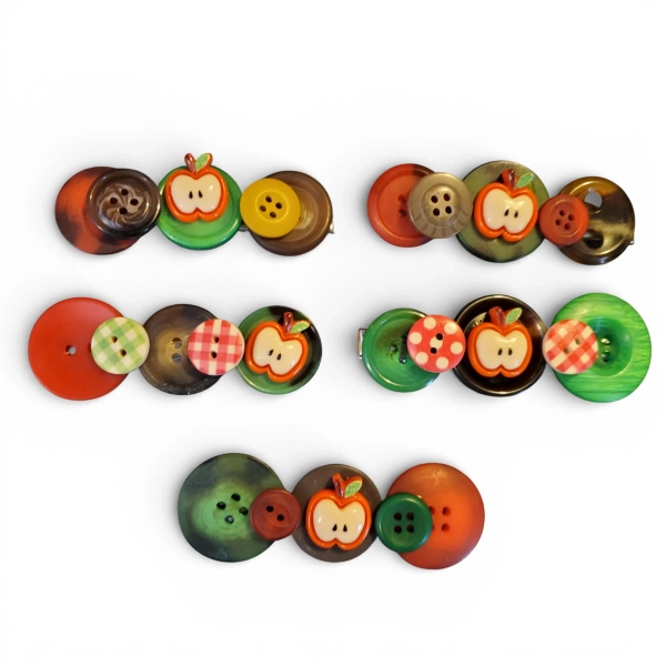 Apple Button Hair Clips - Brown Red Green - Y2K Kidcore Indie Vanguard Tailored Grunge Whimsigoth Cottagecore Alternative Fashion