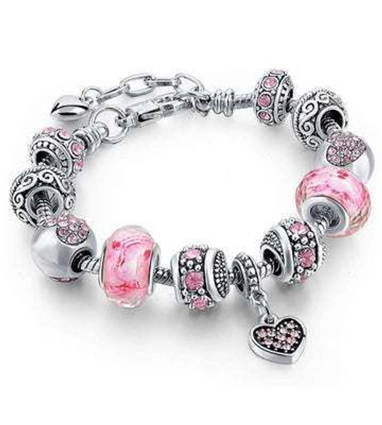 Donatello Gian Pink Crystal Heart Charm Bracelet, 7 in