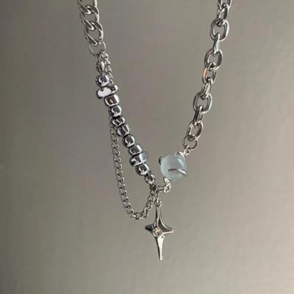Silver Star Stainless Steel Cats Eye Necklace, Gothic Style Streetwear Punk Y2K Man Woman Gift For Her