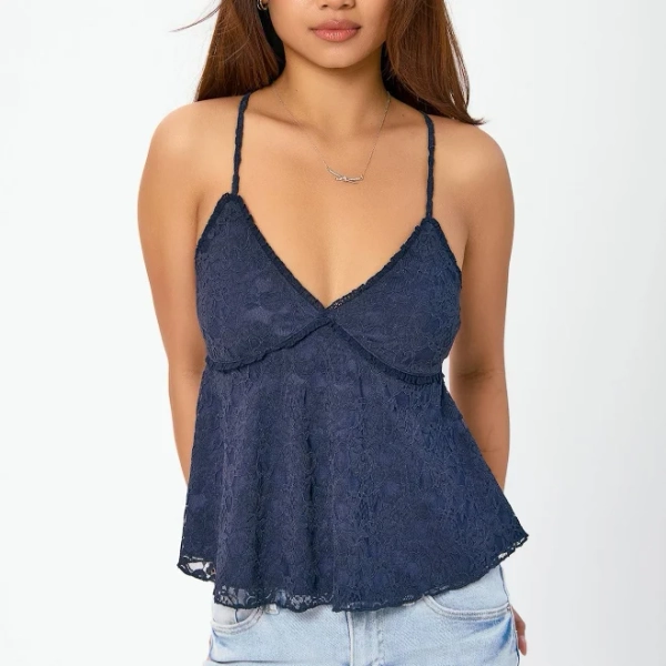 Lace V-Neck Spaghetti Strap Babydoll Top