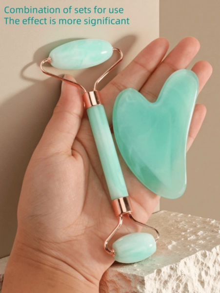 2 Pieces/Set Resin Massage Roller Set, 360° Double-Head Massage Roller + Triangular Scraping Board: Say Goodbye To Puffy Face, Suitable For Face, Eyes And Facial Massage Stick, Beauty Board Facial Massage Set