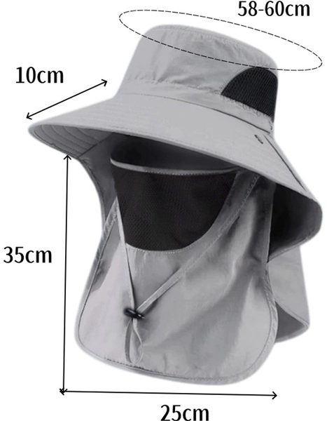 Zonnehoed - zonnehoed - zonbeschermingshoed - afneembaar gezichtsmasker - geschikt voor vissen - wandelen - dagelijkse zonbescherming - buitensporten - grijs - hoedomtrek 58-60 cm - gezichtsmasker 25 x 35 cm