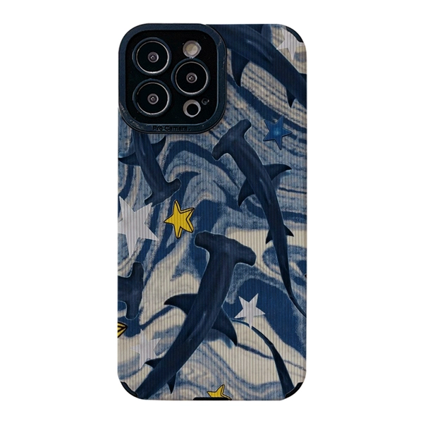 Ocean Shark Texture Star Patch Suitable for TPU Pattern Compatible with iPhone 16 PRO MAX Case, iPhone 15 PRO/14/16 PLUS/13P/12/11/7/70P/X/XR/XSMAX Business Anti-Drop Vertical Stripe, TPU + Faux Leather Protective Cover High Aesthetics