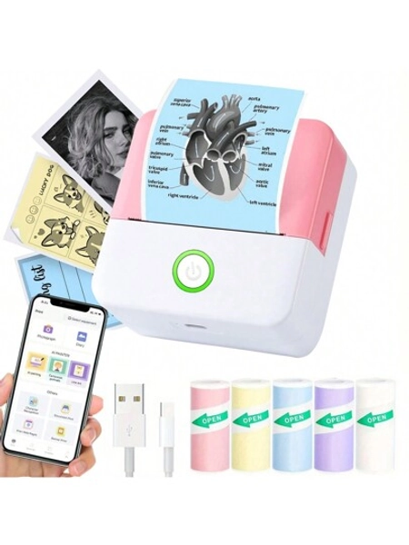 Mini Printer,Thermal Printer Label Maker With 5 Rolls Paper, Portable Mini Wireless Inkless Printer, Small Pocket Printer For Pictures, Photos, Journals, DIY