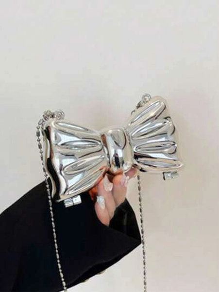 Mini Acrylic Electroplated Metallic Silver Shiny Bow Decor Clutch Bag, Versatile Women's Personalized Fashion Chain Lipstick Pouch, Jewelry/Earphone/Cosmetic Storage Box, Gift For Ladies, Suitable For Valentine's Day, Party, Wedding Dress Decoration, Date Use Shoulder/Crossbody Bag, Elegant Ladies Coin Purse