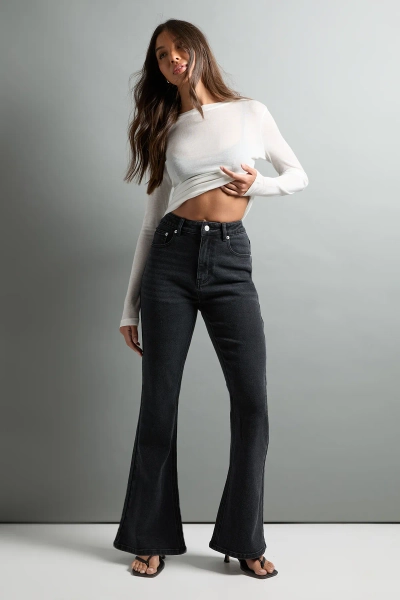 Washed Black The High Waist Flare Jean | Boohoo