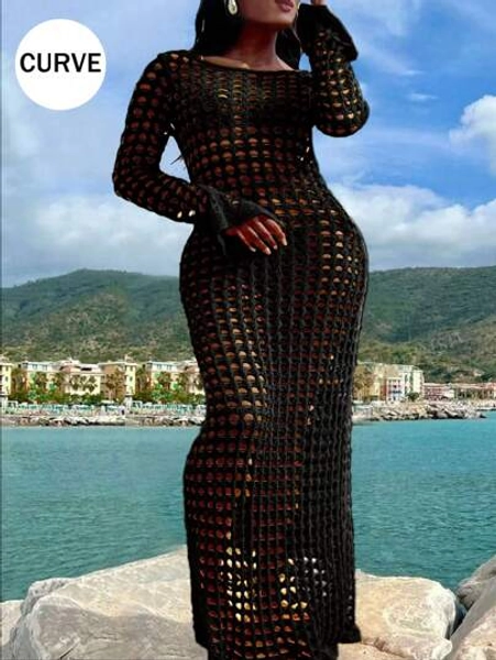 Plus Size Sexy Solid Hollow Out Long Sleeve Maxi Cruise Cover Up Dress Summer