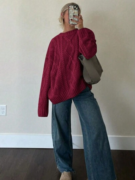 FOR BEAUTY Autumn And Winter New Round Neck Twisted Flower Long Sleeve Knitted Sweater Tops Women Loose Burgundy Red Simple Fashion Commuting Style Women's Sweater Burgundy Red Long Sleeve Casual Lazy Style Warm Top