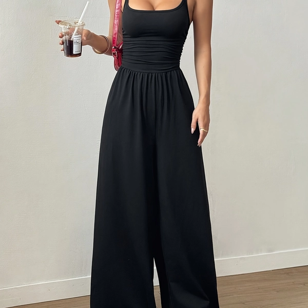 Women'S Off-Shoulder Ruched Jumpsuit - Wide-Leg Loose Fit Black Romper with Adjustable Straps, Perfect for Vacation & Casual Outings, Allseason Jumpsuit | Offshoulder Fashion | Ruched Texture