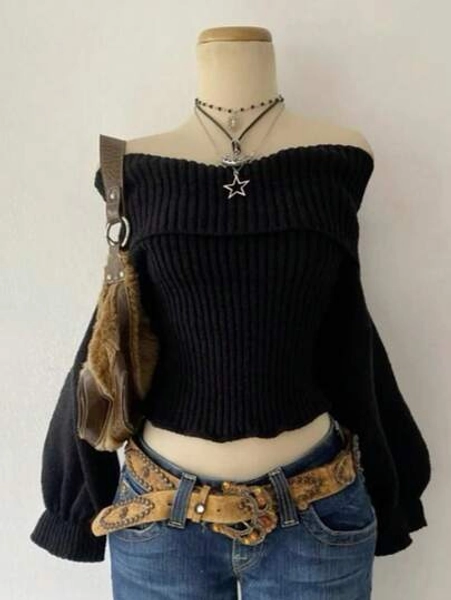INAWLY Off-Shoulder Solid Color Ribbed Casual Long Sleeve Pullover Sweater