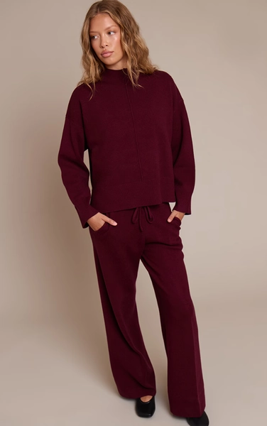 PrettyLittleThing Burgundy Drawstring Wide Leg Knitted Pants