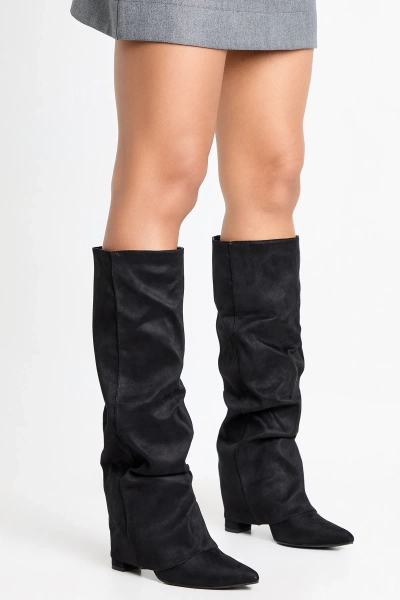 Faux Suede Ruched Fold Over Knee High Block Heel Boots