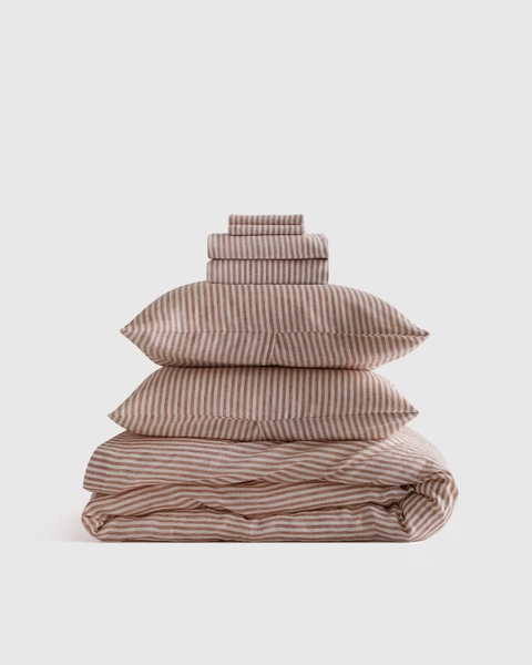 European Linen Stripe Deluxe Bedding Bundle in Natural/White Stripe
