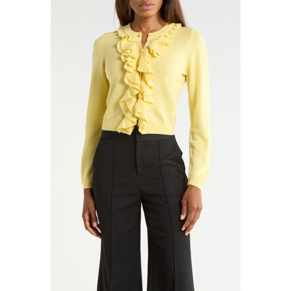 ALICE + OLIVIA Dollie Ruffle Trim Cardigan in Butter at Nordstrom Rack, Size Medium