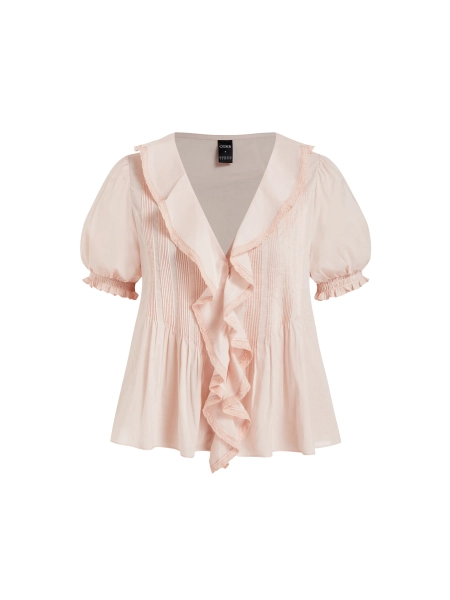 Cotton V-neck Puff Sleeve Ruffled Blouse