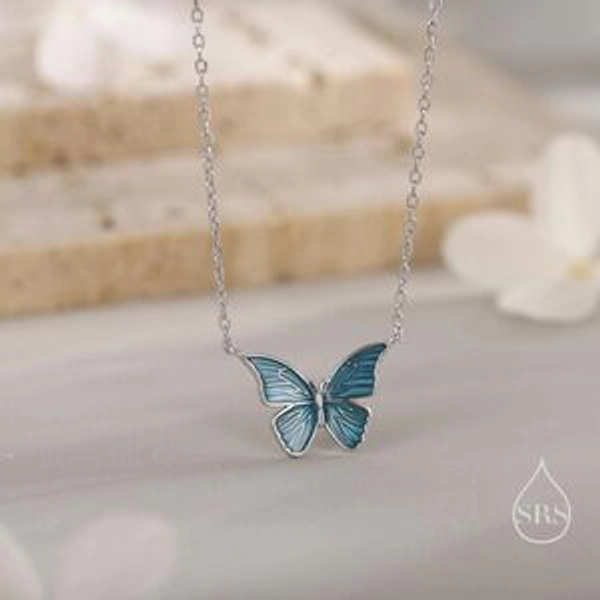 Sterling Silver Blue Enamel Butterfly Pendant Necklace