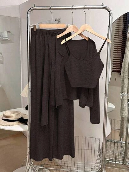 Franclia 3 PiecesCasual Everyday Matching Camisole, Cardigan, And Elastic Waist Straight Pants Knit Set, Apricot Color, Autumn/Winter Fall Cloth For Women