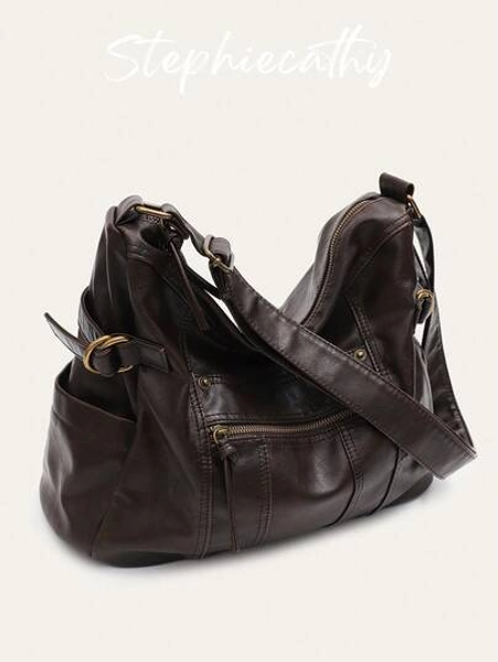 STEPHIECATHY Women's Luxury Casual Washed PU Leather Shoulder Bag, Multi-Functional Pockets, Zipper Closure, Adjustable Long Strap, Crossbody Bag, Large Capacity, Casual & Versatile, Suitable For Commuting, Daily Use, College, Shopping, Travel, Unisex, Chic Street Style, Great Gift For Women